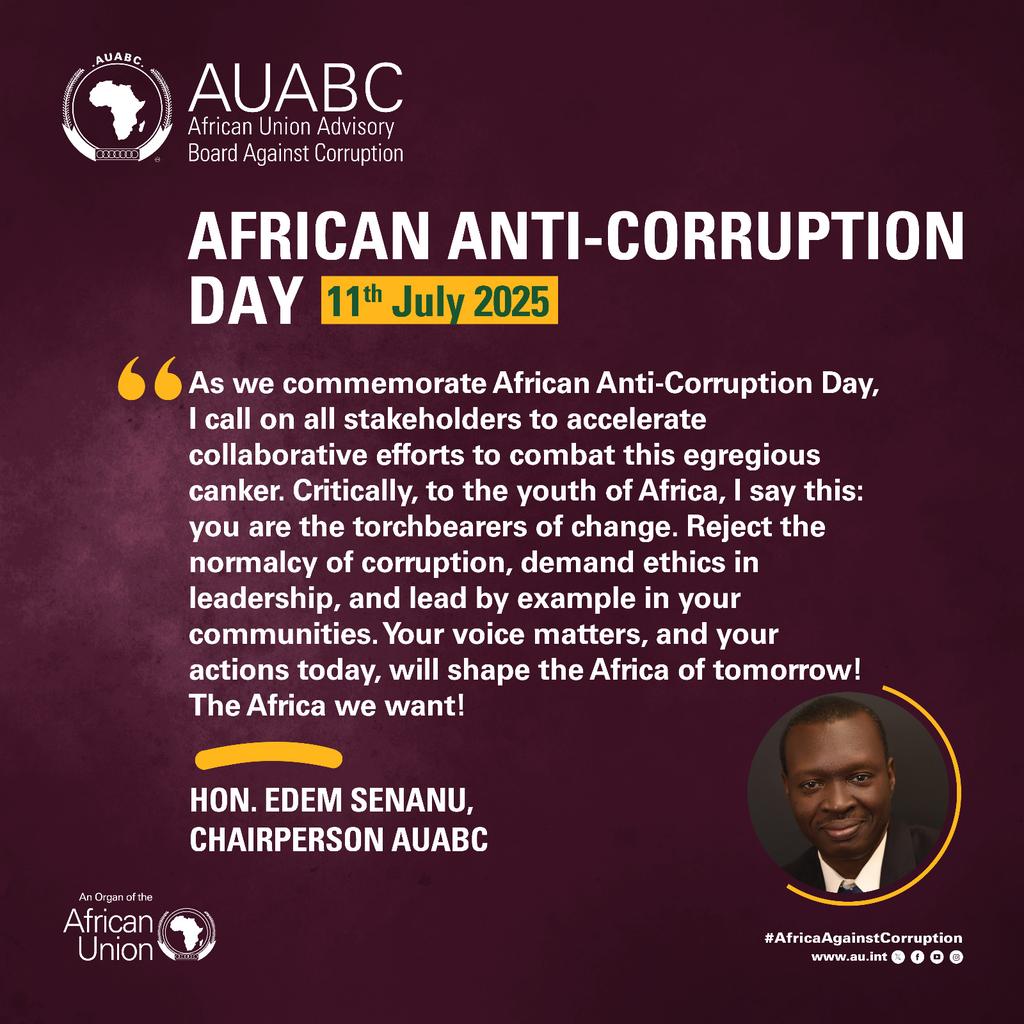 African Union Advisory Board Against Corruption (@auabc_) on Twitter photo Corruption denies equal opportunities to all!
#AfricaAgainstCorruption
For more information, visit bit.ly/4kB8uKt
<a href="/HonEdemSenanu/">Hon. Edem Senanu</a> Corruption denies equal opportunities to all!
#AfricaAgainstCorruption
For more information, visit bit.ly/4kB8uKt
<a href="/HonEdemSenanu/">Hon. Edem Senanu</a>
