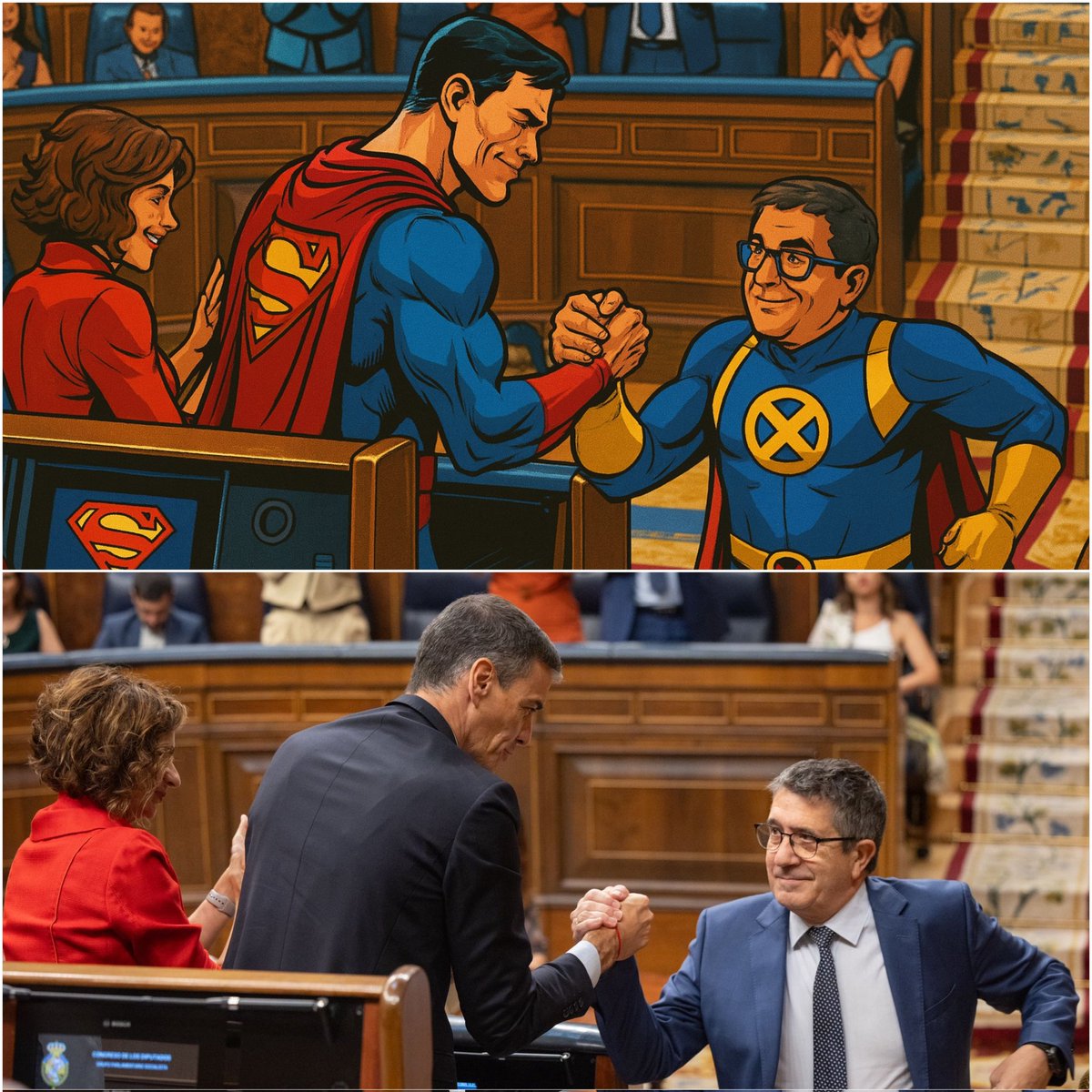 Cidpedrosanchez's tweet photo. Los villanos en frente y los superhéroes delante.
Larga vida a Súper Sánchez ✊🏻🌹 https://t.co/EJe1UGNMIS