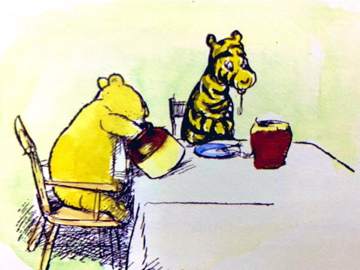 A_AMilne's tweet image. After breakfast they went to see Piglet. Tigger, who had been hiding behind trees and jumping out on Pooh’s shadow when it wasn’t looking, said that Tiggers were only bouncy before breakfast, and that as soon as they’d had a few haycorns they became Quiet and Refined. ~A.A.Milne