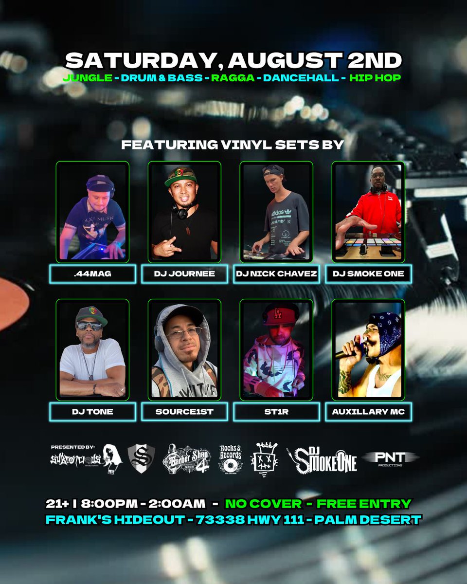 🌀 JOLT DRUM &amp; BASS VINYL APPRECIATION SHOW. SATURDAY, AUGUST 2nd.

Celebrating 2 years of Jungle Drum &amp; Bass in the Coachella Valley!

🎧 Vinyl Selectors
🎶 Jungle, D&amp;B, Hip Hop, Dancehall
🎟 FREE ENTRY | 21+
🔊 Heavyweight sound. Limited capacity.

joltdnb2yearanniversary.eventbrite.com