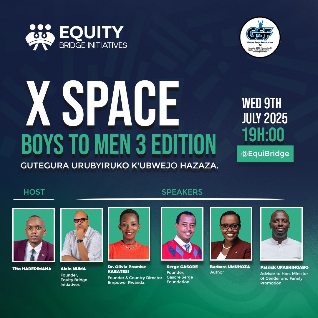 <a href="/harerimana_tito/">Tito Hare</a> <a href="/anumino/">Alain Numa</a> <a href="/UmuhozaB/">Barbara Umuhoza</a> <a href="/EmpowerRwanda/">Empower Rwanda</a> <a href="/OliviaK1985/">Dr. Olivia Promise KABATESI</a> <a href="/GSF_RC/">Gasore S. Foundation</a> <a href="/RwandaGender/">Ministry of Gender & Family Promotion | Rwanda</a> <a href="/NgaboBrave/">Ngabo Brave Olivier, DMS</a> <a href="/RwandaYouthArts/">Ministry of Youth and Arts | Rwanda</a> <a href="/jnabdallah/">UTUMATWISHIMA</a> <a href="/XandrineUmutoni/">Sandrine Umutoni</a> Ikiganiro cyanshitse, reka nkande kuri notification ubutaha njye mbibona mbere, natwe mu gika cy'uburezi mu mashuri, Hari byinshi byo kuganira!