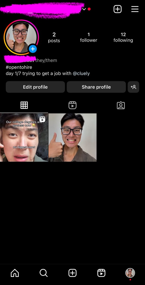 SigmaMino's tweet image. is it possible to go from 0 to 10K followers in 1 week?
Testing that out this week on a secret instagram account.
Day 1 update - 1 follower, 5 views.