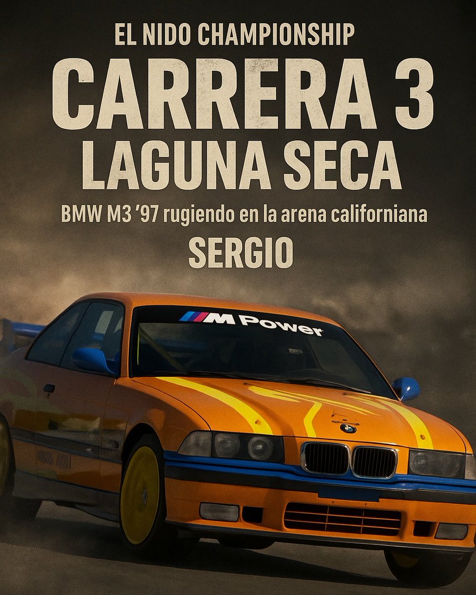 🔥 Esta noche toca guerra en Laguna Seca
💪 Nuestro piloto Serlow va con el BMW M3
🕙 22:00 — puntualidad de campeones

🎮 La pista espera...
Y nosotros salimos a dejar huella.

#VamosConTodo #SerlowAlVolante #NocheDeCarrera #LagunaSeca #BMWM3 #SimRacing