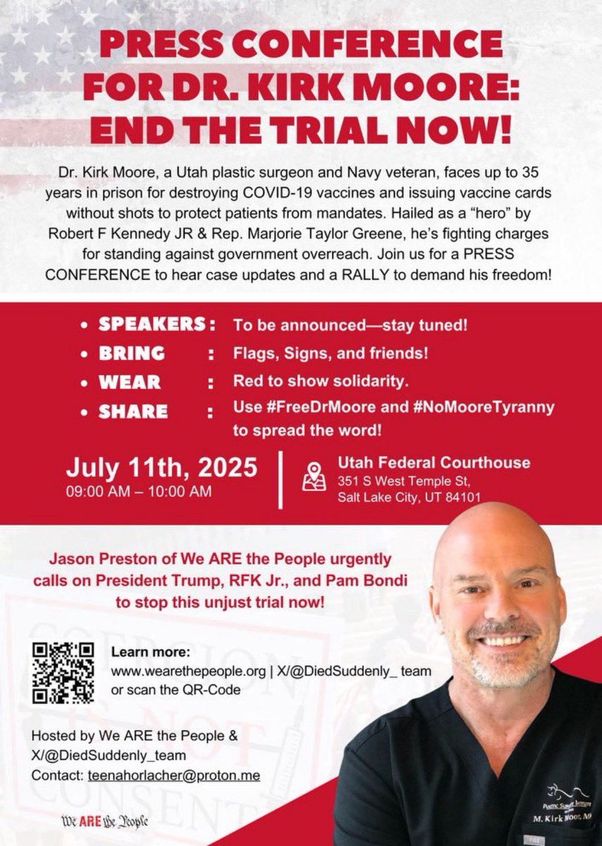 ✝️ Dr Margaret Aranda Ferrante, MD PhD FACFEI ♿️ (@therebelpatient) on Twitter photo <a href="/DiedSuddenly_/">Died Suddenly</a> This Friday, July 11: JOIN IN PERSON FOR A Press Conference at 9 AM MT for Dr. Kirk Moore!!!
Get case updates from the steps of the courthouse where DOING NO HARM is landing Dr. Moore in court against the DOJ BECAUSE SOMEONE ELSE COULD HAVE USED THE VACCINES! 🤷♀️ YOU CANNOT MAKE <a href="/DiedSuddenly_/">Died Suddenly</a> This Friday, July 11: JOIN IN PERSON FOR A Press Conference at 9 AM MT for Dr. Kirk Moore!!!
Get case updates from the steps of the courthouse where DOING NO HARM is landing Dr. Moore in court against the DOJ BECAUSE SOMEONE ELSE COULD HAVE USED THE VACCINES! 🤷♀️ YOU CANNOT MAKE