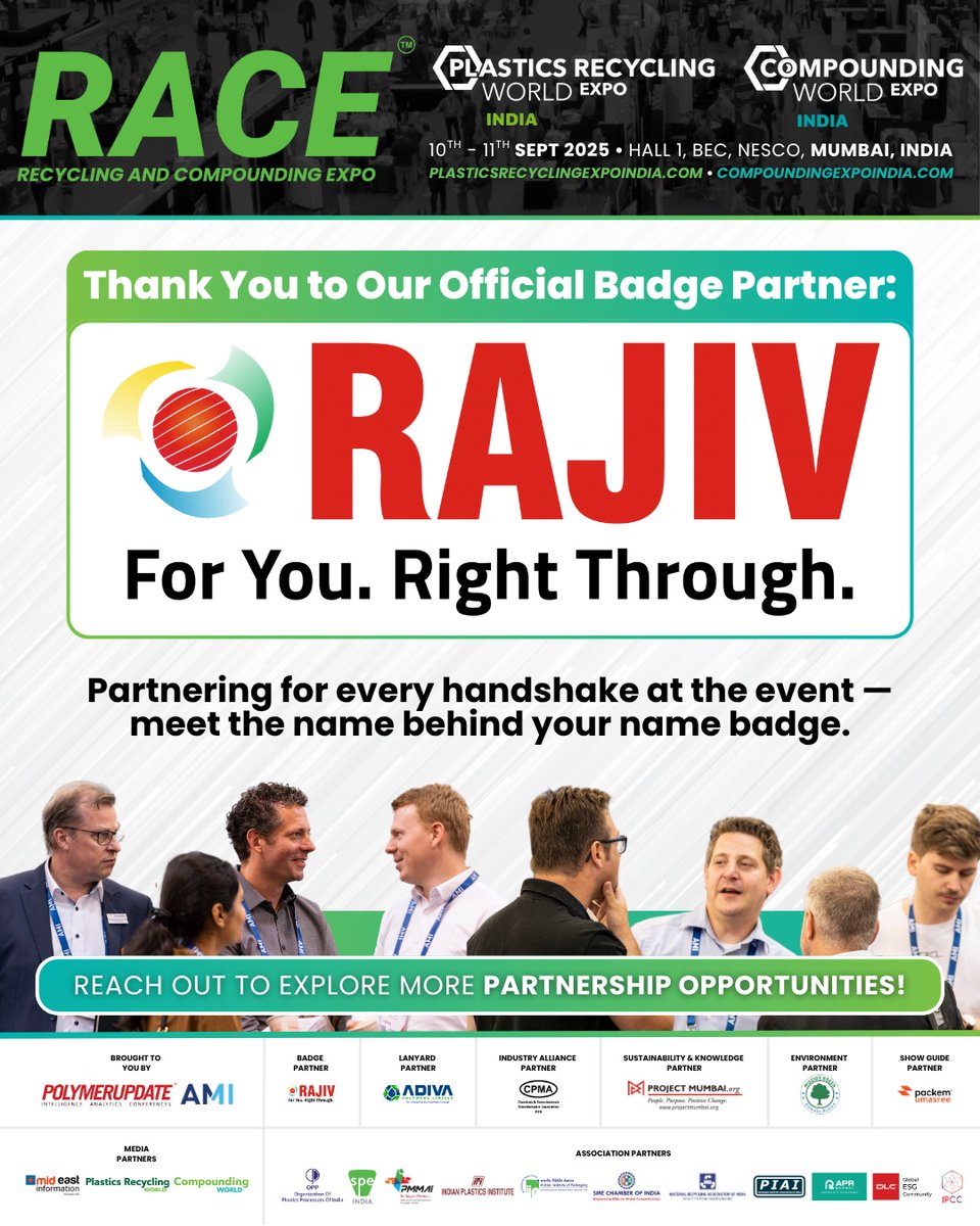 Partnering for Every Handshake at the Event 🤝 We’re proud to welcome Rajiv Plastics as the Official Badge Partner of RACE – Recycling and Compounding Expo 2025!

With 50+ years of excellence in polymer compounding, Rajiv Plastics is known for delivering innovation, consistency,