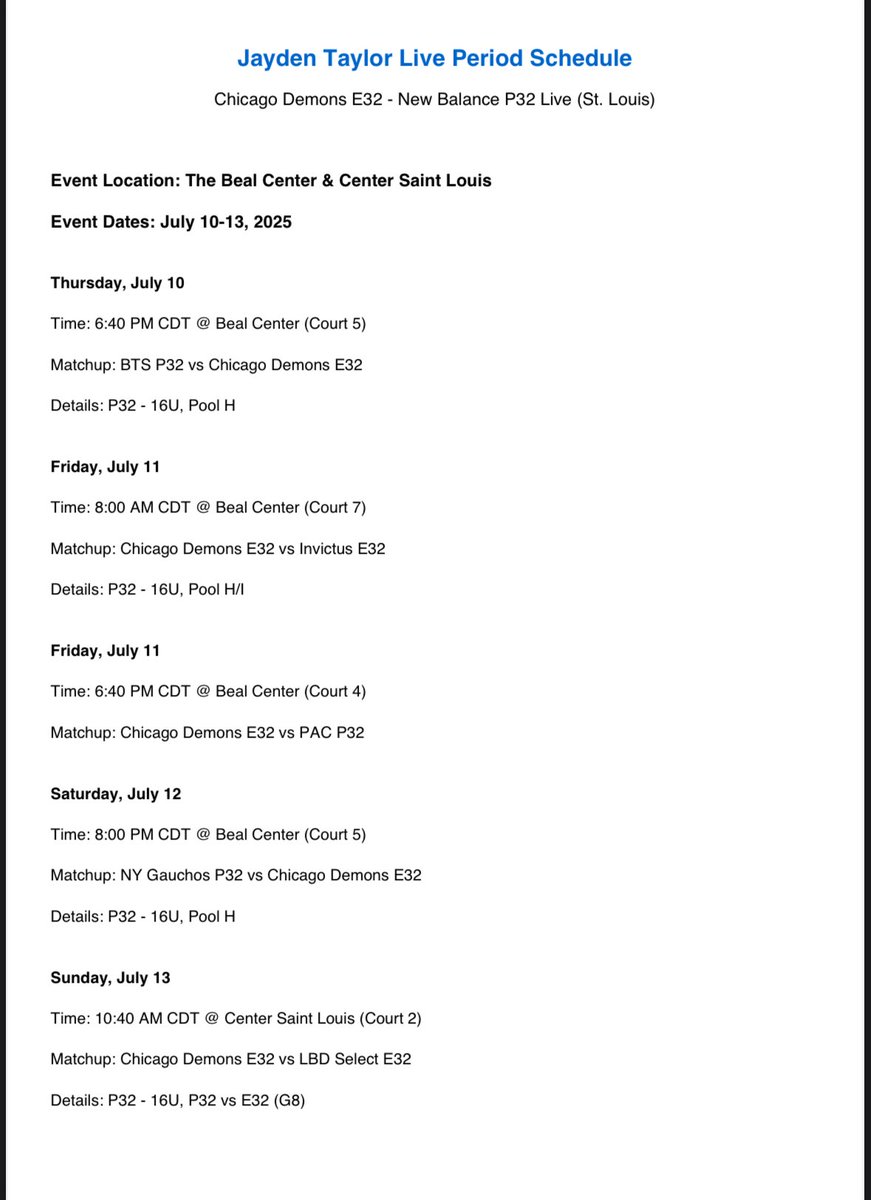 2027 Jayden Taylor 6’1 Guard
Coaches Here is my schedule for the <a href="/p32league/">P32 League</a> Live Period in St.Louis I will be playing with the Chicago Demons 16u
<a href="/PrepHoopsMO/">Prep Hoops Missouri</a> <a href="/EarlhamBBall/">Earlham MBB</a> <a href="/SouthernMissMBB/">Southern Miss MBB</a> <a href="/DePauw_MBB/">DePauw Basketball</a> <a href="/CSUMBmbb/">CSUMB MBB</a> <a href="/Bucknell_MBB/">Bucknell MBasketball</a> <a href="/DePauw_MBB/">DePauw Basketball</a>