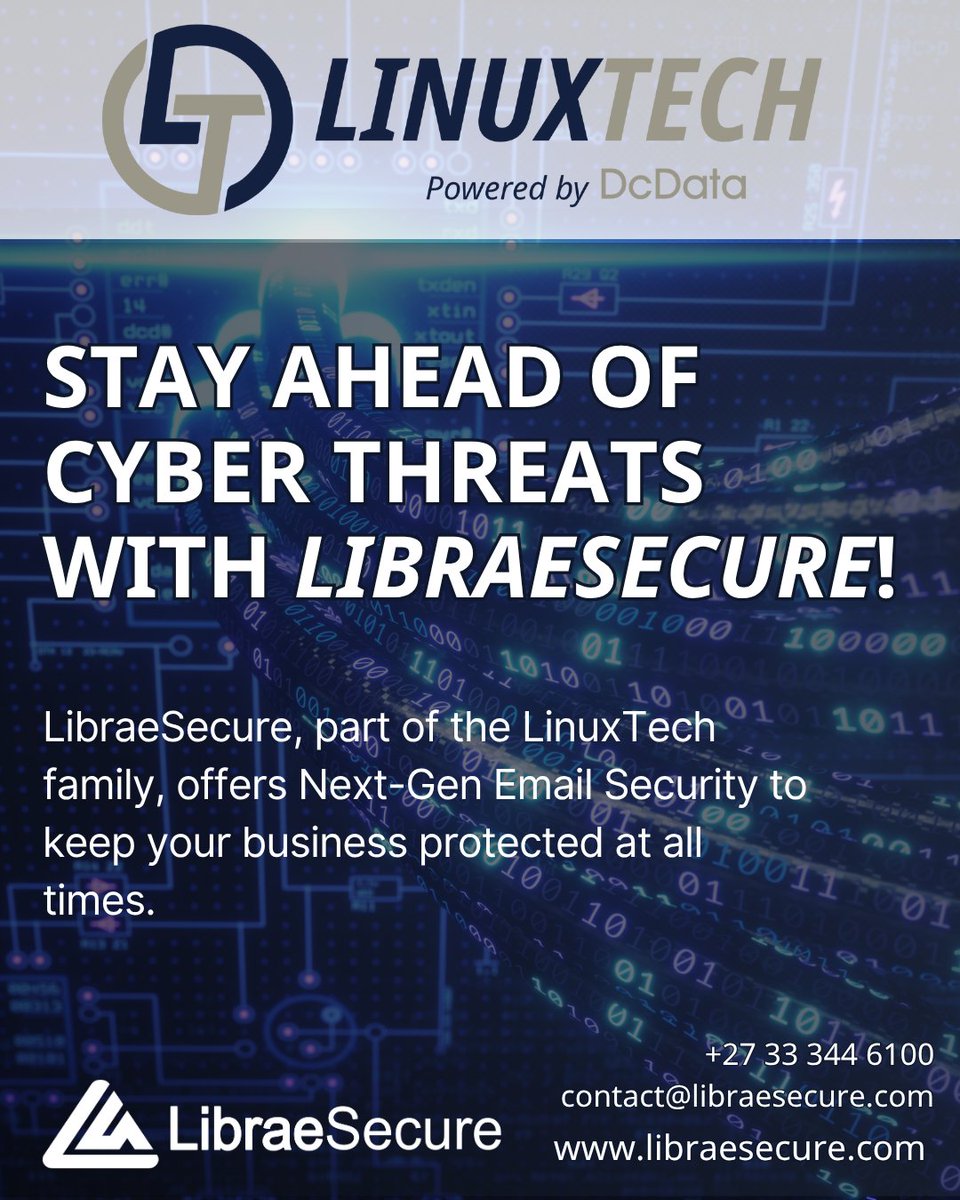 dcdata's tweet image. LibraeSecure—Advanced Email Security Made Simple.  Protect your business from phishing, ransomware, and business email compromise. Try LibraeSecure risk-free for 30 days!  Contact us today to get started.

#LibraeSecure #EmailProtection #CyberSecurity #DcDataSecurity