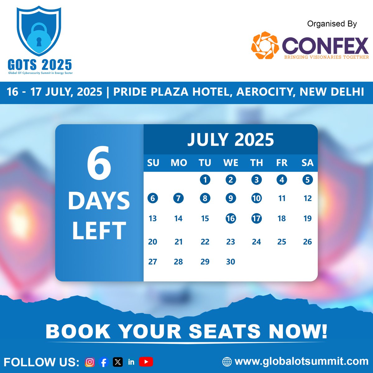 GOTS2025's tweet image. 🚨 Just 6 Days to Go – Book Your Seats Now!
Join us at Global OT Cybersecurity Summit in Energy Sector (GOTS) 2025 – a landmark platform bringing together leaders from industry, government, and cybersecurity to secure India’s critical energy infrastructure.
