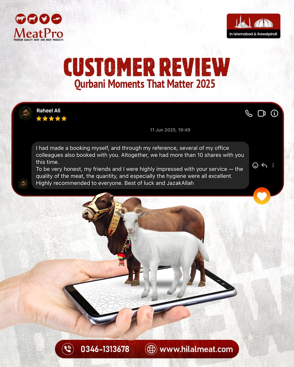 Meatproofficial's tweet photo. Here’s what one of our valued customers had to say about their Qurbani with MeatPro in 2025:
✅ Top-quality meat
✅ Excellent hygiene
✅ Reliable service
Thank you for trusting us with your Qurbani! 🙌
We’re honored to be part of your sacred moments. https://t.co/YApt6P1C3z