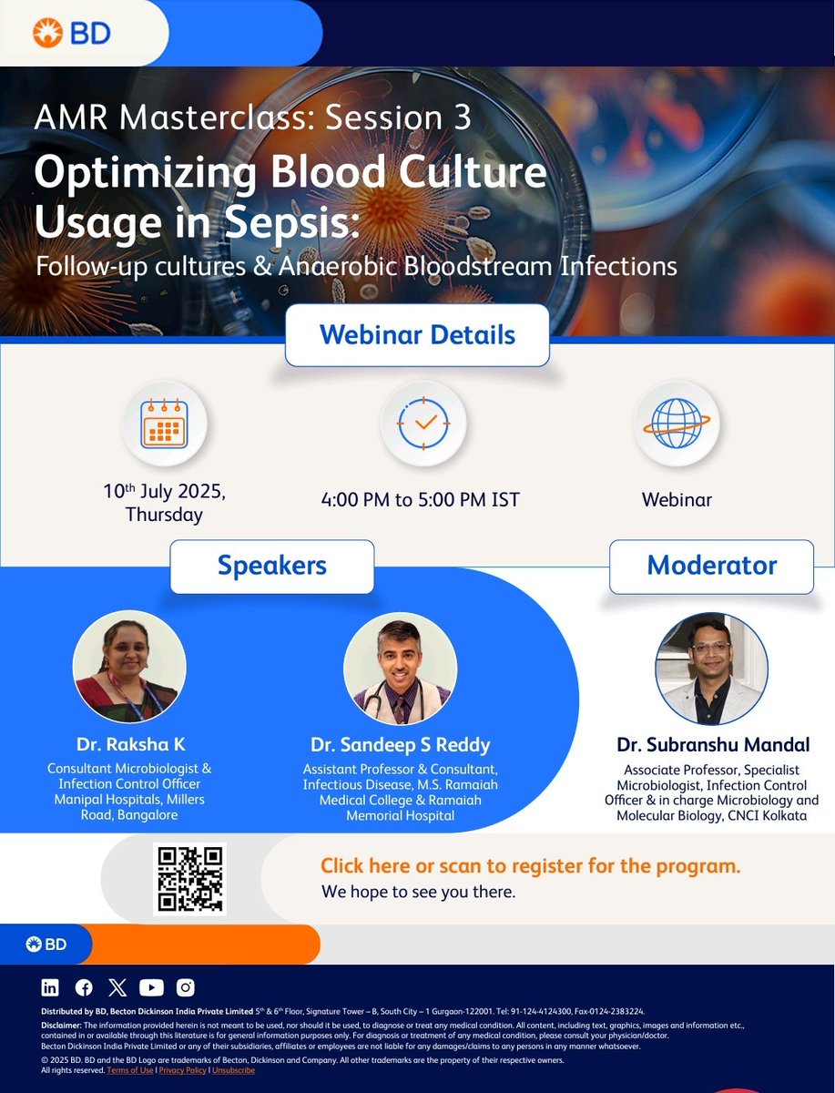 Raksha_Bhat's tweet image. Join us today for AMR Masterclass: Session 3. 

A high-impact session focused on:

“Optimizing Blood Culture Usage in Sepsis: Follow-up Cultures &amp;amp; Anaerobic Bloodstream Infections.”

This is a grey area in blood culture diagnostics often overlooked, yet critical for antimicrobial…