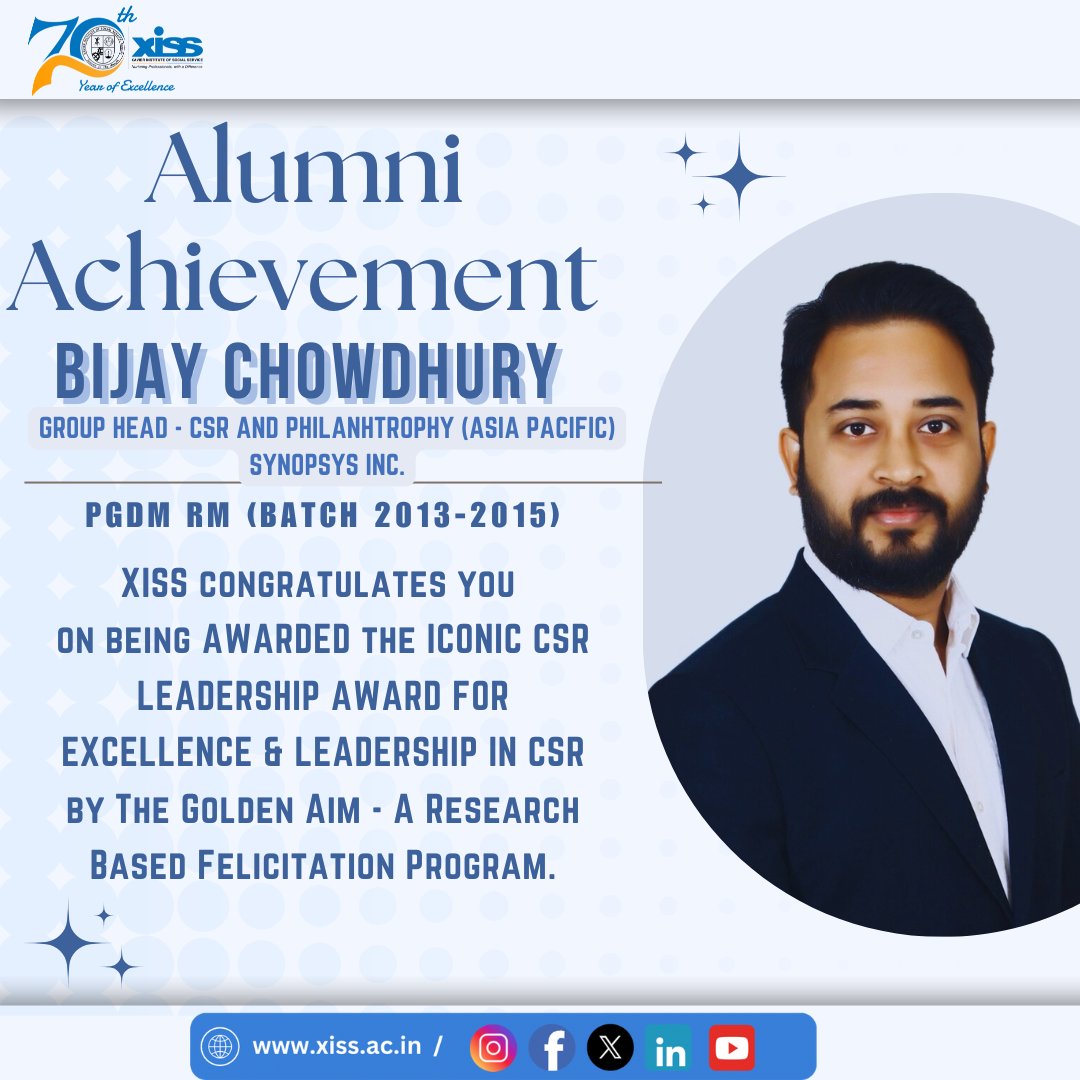XISSRanchi's tweet image. We are pleased to share that our #alumnus, Mr Bijay Chowdhury  #PGDM-RM #Batch 2013-15, has been awarded the Iconic CSR Leadership Award for Excellence &amp;amp; Leadership in CSR by The Golden Aim. We extend our congratulations and wishes to him.

#AlumniAchievements #XISSRanchi
