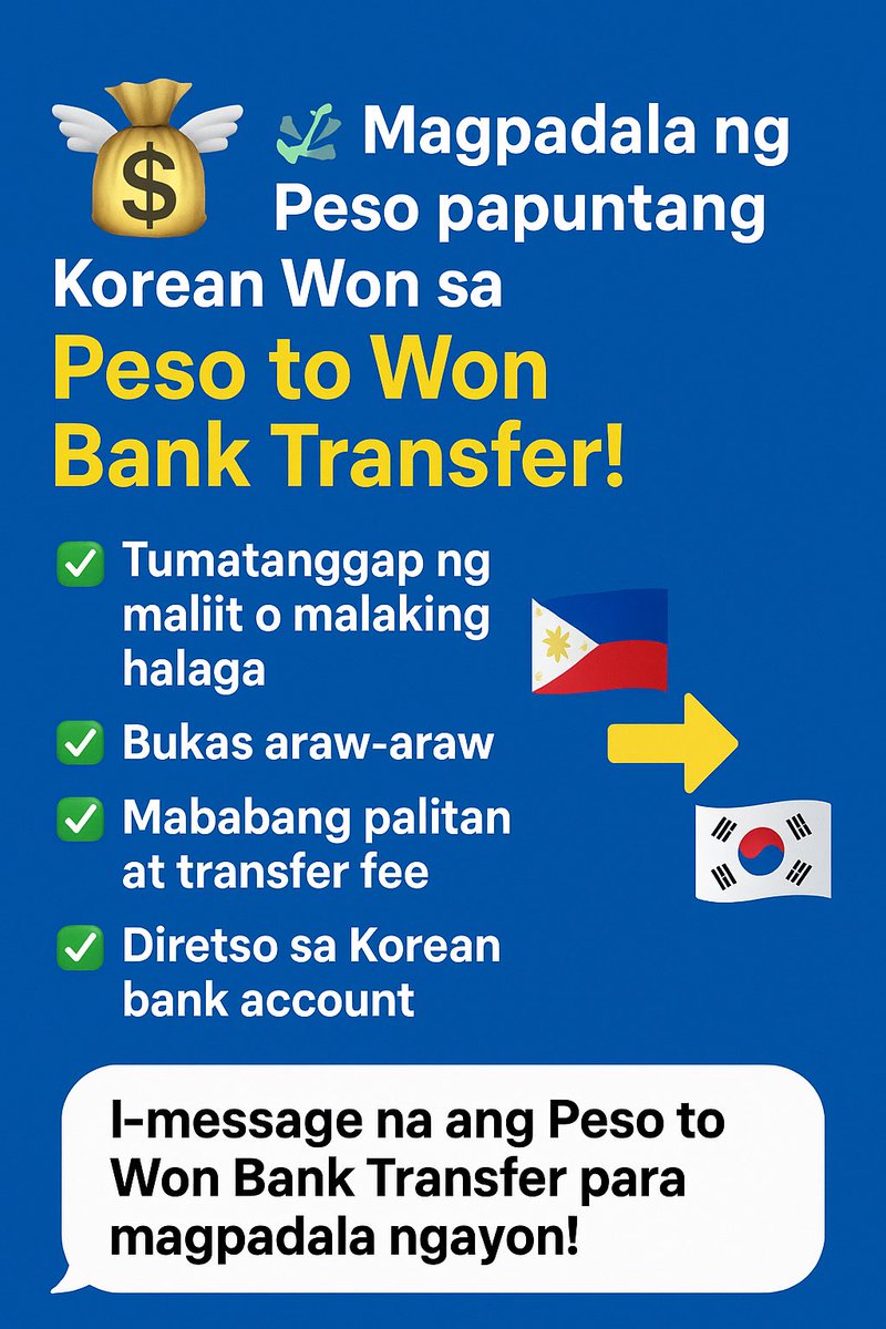 PesoToWonBT's tweet photo. Send money from 🇵🇭 to 🇰🇷 hassle-free!
Fast and secure PESO ➡️ WON bank transfers 💸
Open for transactions today! 💬 #MoneyTransfer #PESOTOWON https://t.co/PGZ5sXg1ie