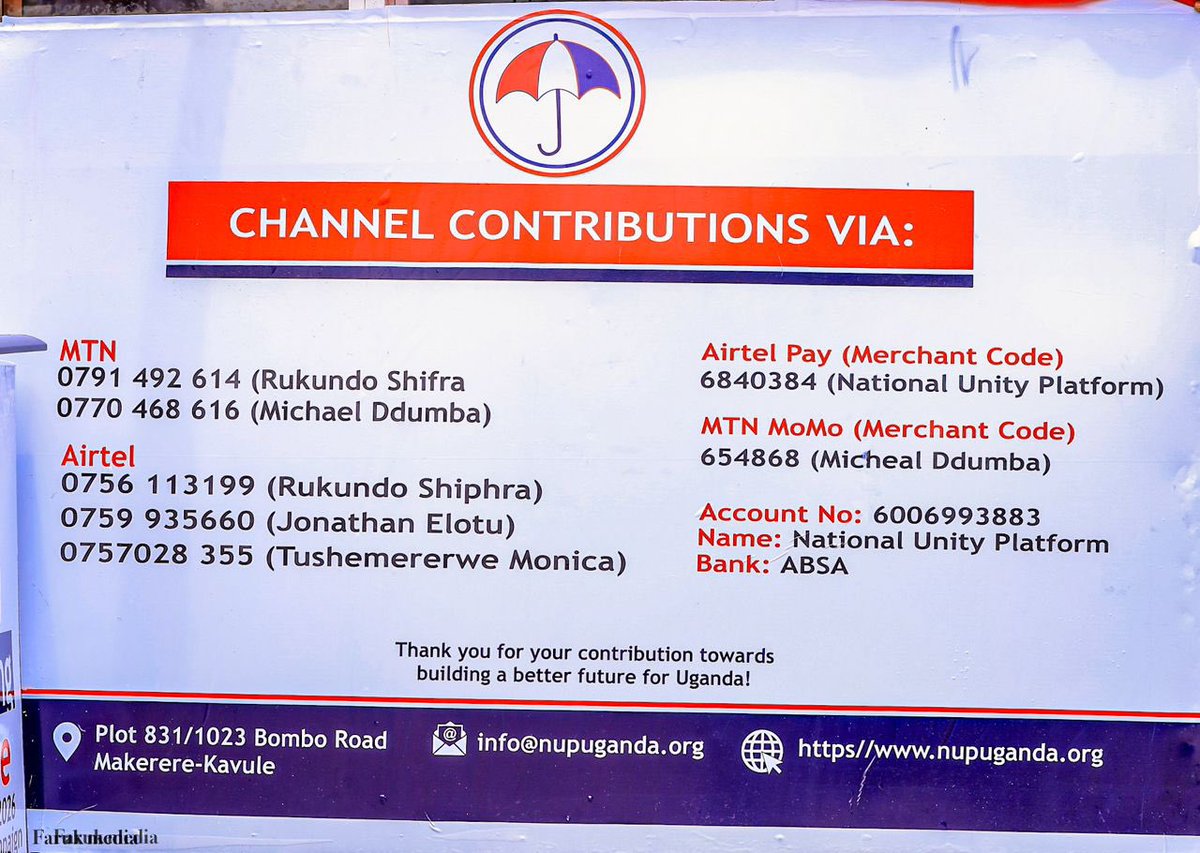 Don't forget to pass by <a href="/NUP_Ug/">National Unity Platform</a> at kavule today to make any contribution.  Don't forget your receipt
