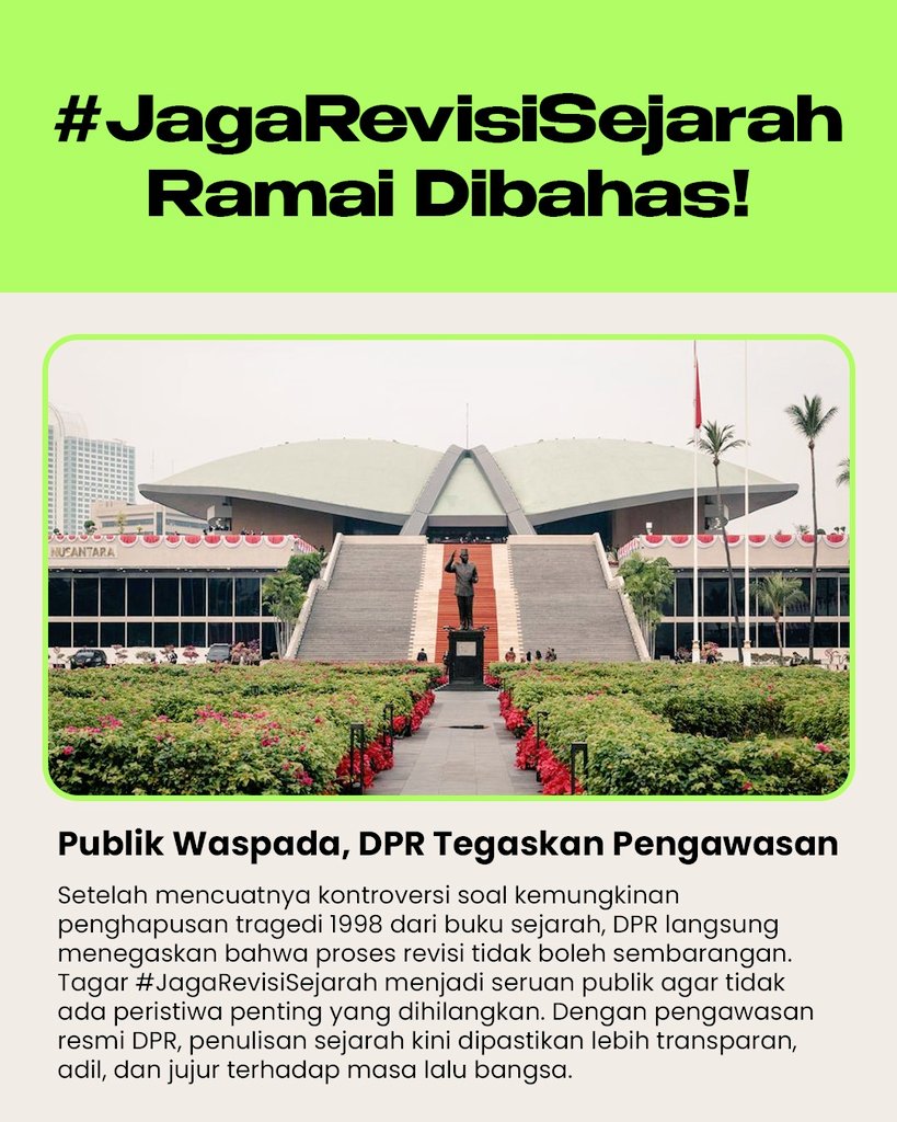 Penulisan ulang sejarah Indonesia harus objektif dan jujur.
#JagaRevisiSejarah
Pengawasan Ketat Oleh DPR RI