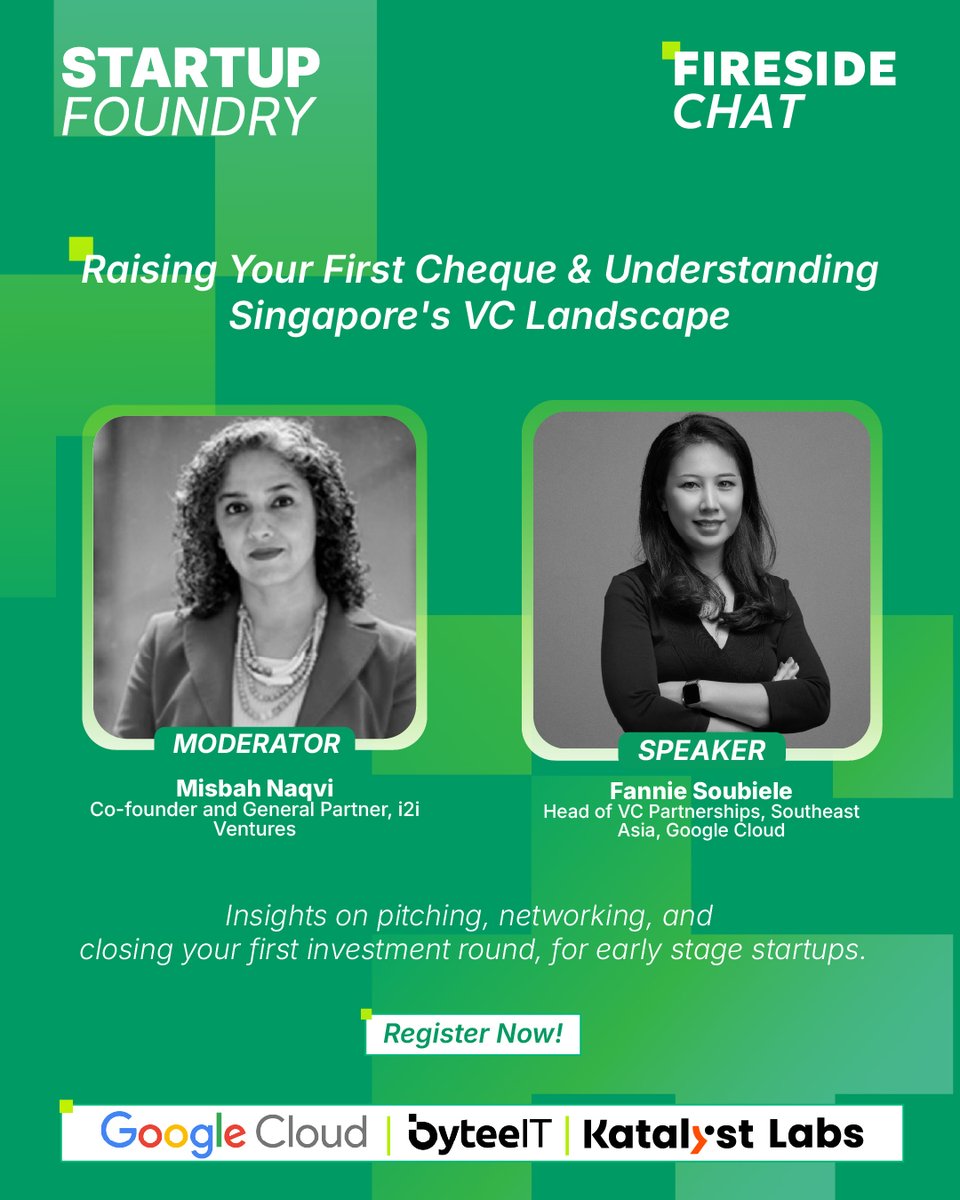 Catch Fannie Soubiele and Misbah Naqvi in a fireside chat on "Raising Your First Cheque &amp; Understanding Singapore's VC Landscape" powered by <a href="/googlecloud/">Google Cloud</a>  and <a href="/byteeIT/">byteeIT</a> 

Only a few spots are left!
forms.gle/q64eG9M1jFkgL6…
#katalystlabs #googlecloud #byteeit