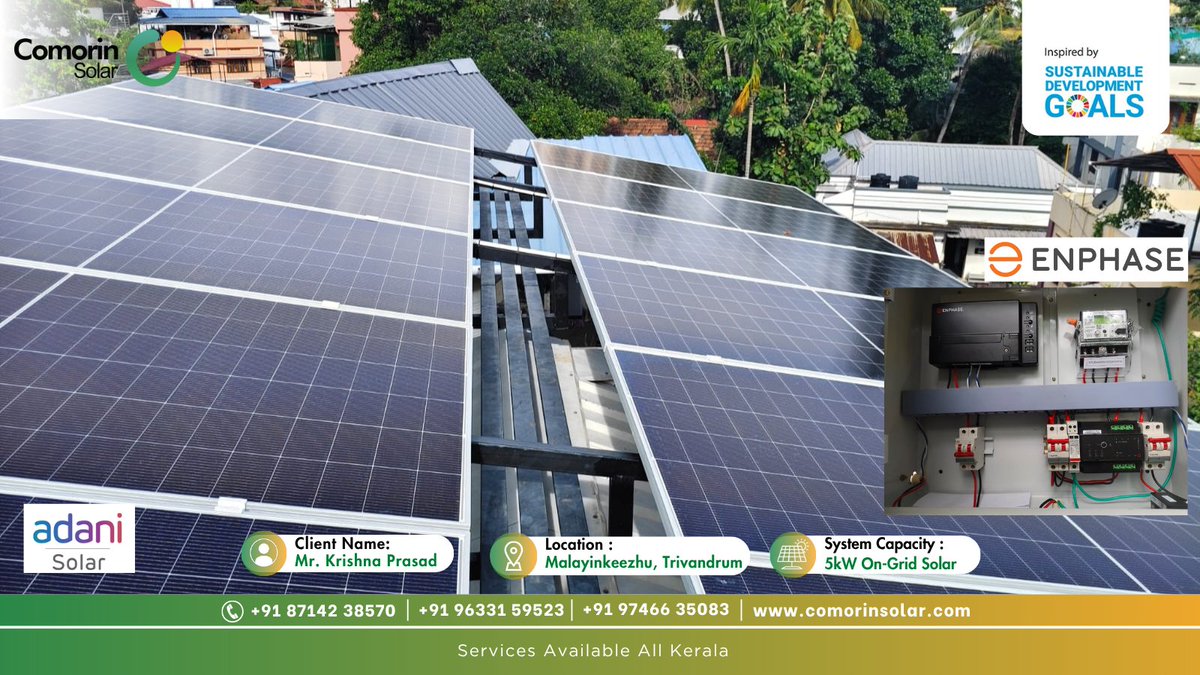 COMORINSOLAR1's tweet image. Customer Name : Mr. Krishna Prasad, Malayinkeezhu, Trivandrum 
👉 Project Specification — 5KW On-Grid Solar Plant
👉 Inverter — Enphase India Micro Inverter
👉 Solar Panel — Adani Solar Panel 

#energy #EnergyStorage #netzero #solarpower #solarsystem #ClimateAction #Kerala