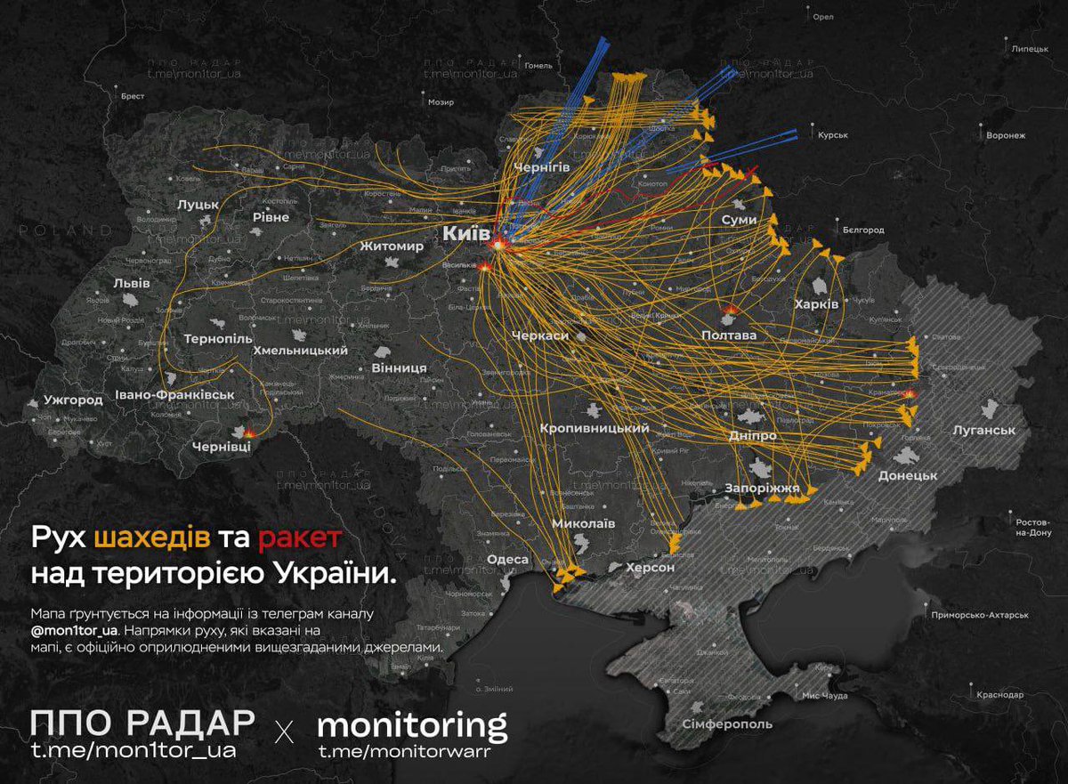 EertenEsselien's tweet image. The ‘weather’ in Ukraine last night: almost 500 drones amd 10 ballistic missiles over the country. #Kyiv getting the heaviest ‘shower’. Think about when continuing your trade with russia. #UkraineMustWin