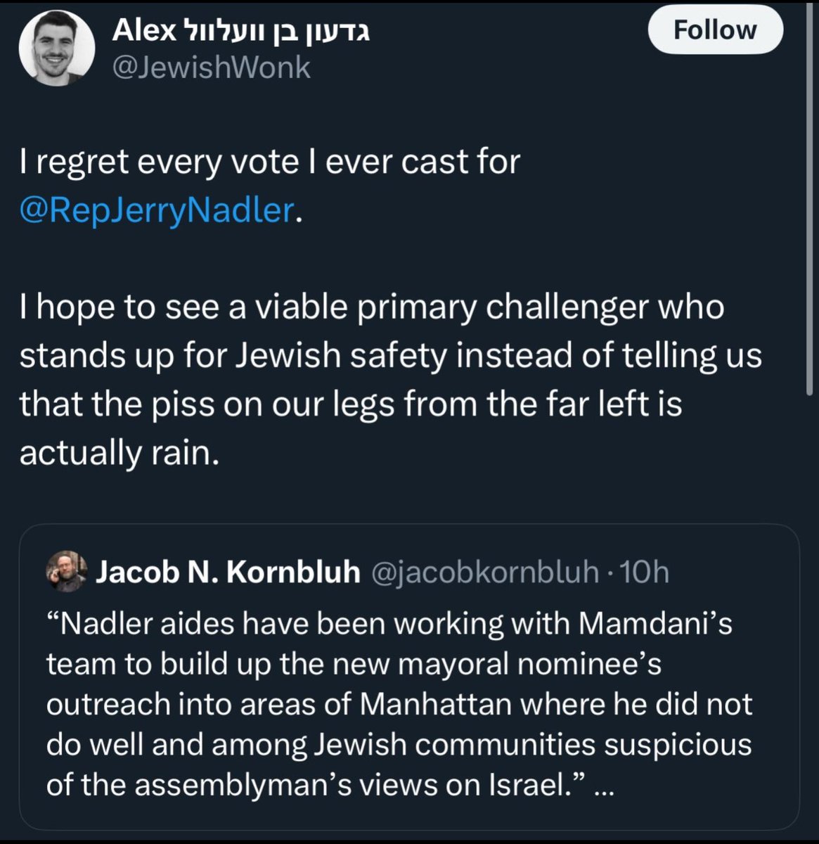 MaytalKowalski's tweet image. How is our community continuously getting this exactly backwards? To claim that working with Mamdani to build better relationships with us is somehow a threat rather than the exact thing that has afforded us integration &amp; safety in the diaspora up until now is delusional.