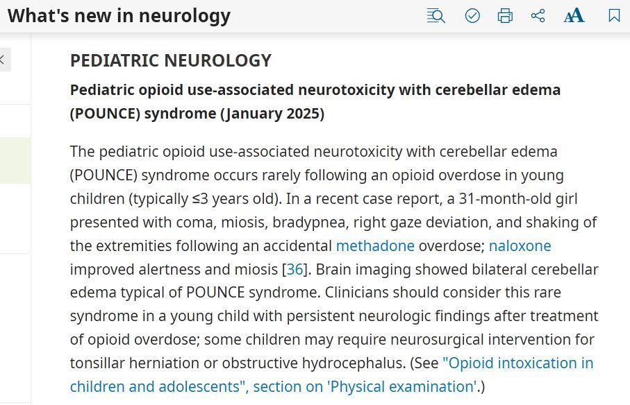 Back in 2020 I wrote a paper with Dr. Prasad at <a href="/westernuCNS/">#WesternU CNS</a> <a href="/SchulichMedDent/">Schulich WesternU</a>  about a neurotoxicity syndrome in children. We coined the term POUNCE syndrome to describe the etiology &amp; main radiological finding. I found out today that it's cited on UptoDate as of Jan 2025. Nice!