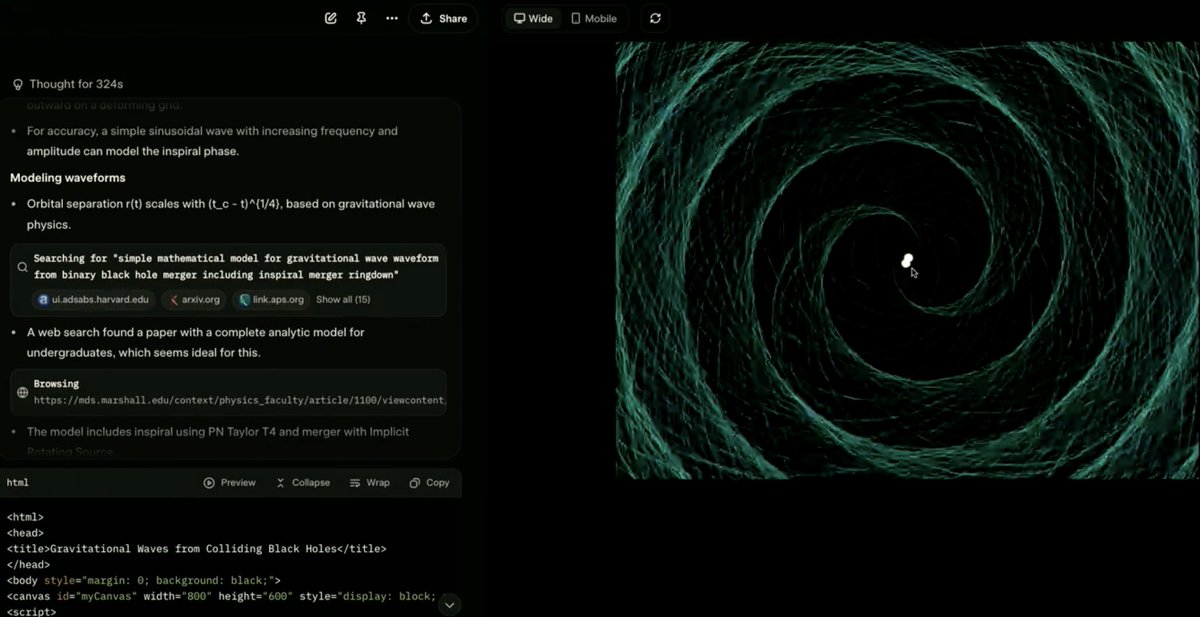 aryanvichare10's tweet image. Can't wait to see Grok 4 Performance in WebDev Arena
"Visualization of 2 Black Holes Colliding"
