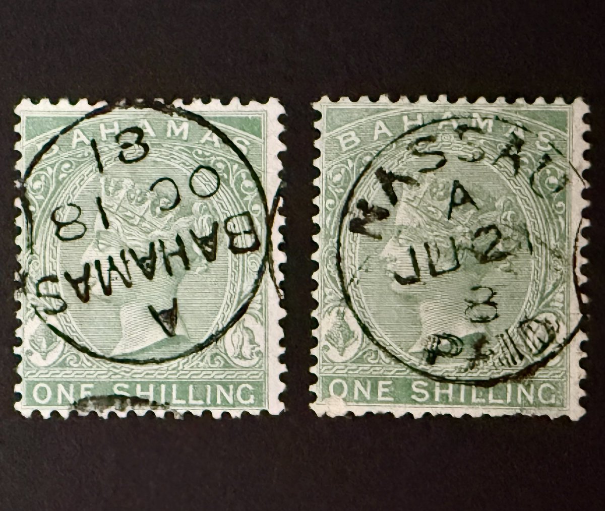 ArchivumVatican's tweet image. 1880s: stamps Bahamas, Queen Victoria, One shilling. Cancellations: #Bahamas &amp;amp; #Nassau #philately