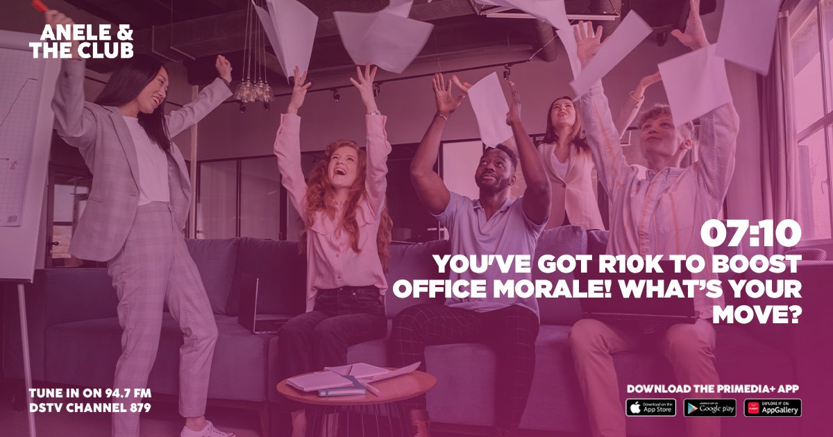 Imagine getting R10,000 to make work fun! How would you spend it to boost morale? Team braai? Office games? Share your wildest ideas and let's see who can turn the office into a party zone! Call us at 011 88 38 947 or send a voice note to 084 00 00 947. #AneleAndTheClubOn947