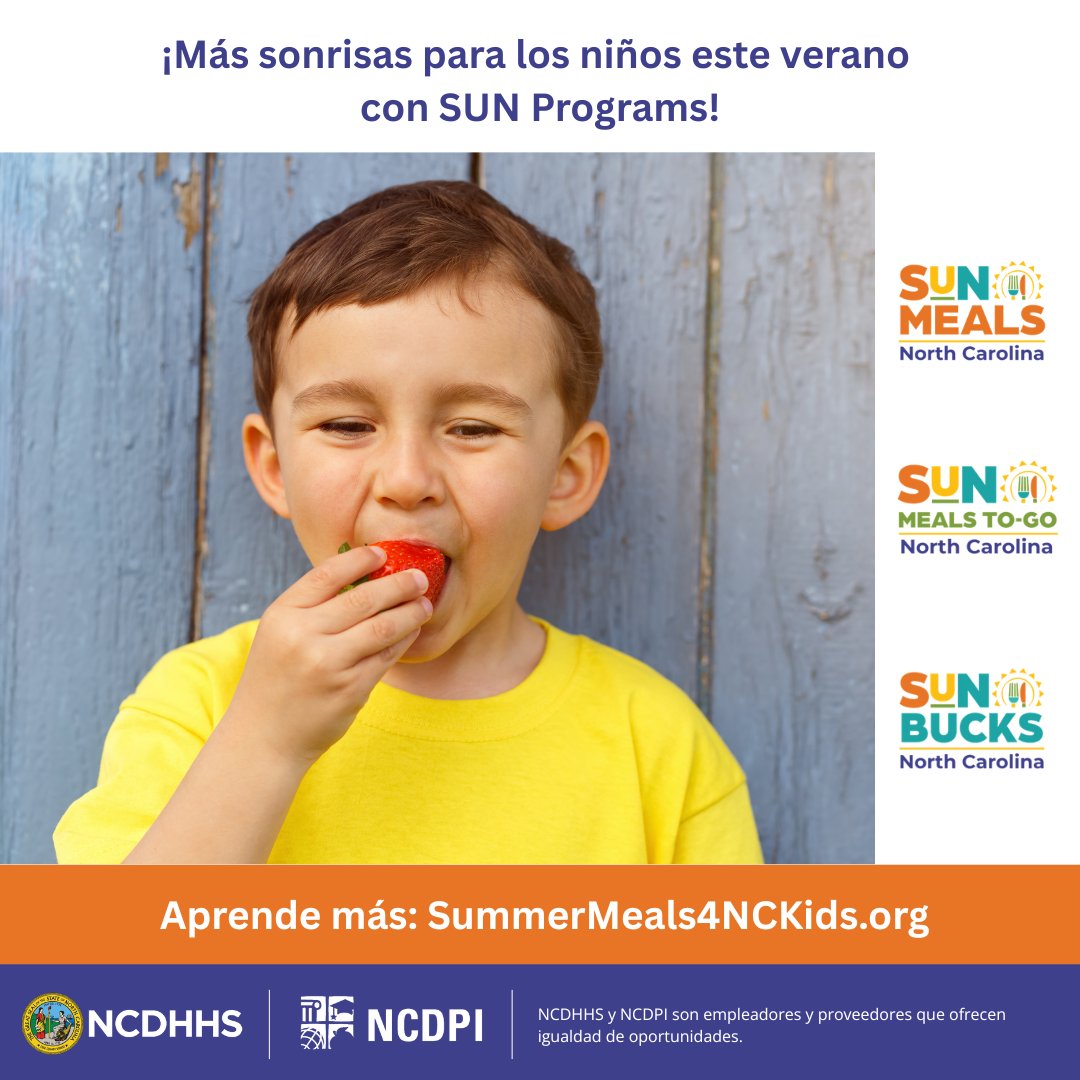 Los programas SUN ofrecen comida, ejercicio y diversión para jóvenes sin costo para las familias cuando las escuelas están cerradas. Aprende más: SummerMeals4NCKids.org/SUNPrograms