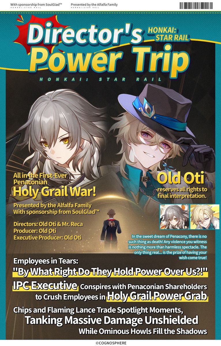 honkaistarrail's tweet photo. As The Holy Grail War Will Soon Begin, Contestants' Secrets Are Exposed!

"Prepare to have your minds blown! The legendary Holy Grail that grants any wish has been brought to Penacony, courtesy of yours truly, Old Oti. The Holy Grail War is about to kick off!"
"This dreamscape spectacle features an all-star lineup like never before! The Nameless, The Family, IPC, and Galaxy Rangers have all thrown their hats into the ring. Ho, ho, ho! I can already smell the gunpowder in the air!"
"Dying to know how this epic battle plays out? All will be revealed... in the first-ever Penaconian Holy Grail War!"

※ Old Oti reserves all rights to the final interpretation.

Learn more: https://t.co/xtvgiuhwc1