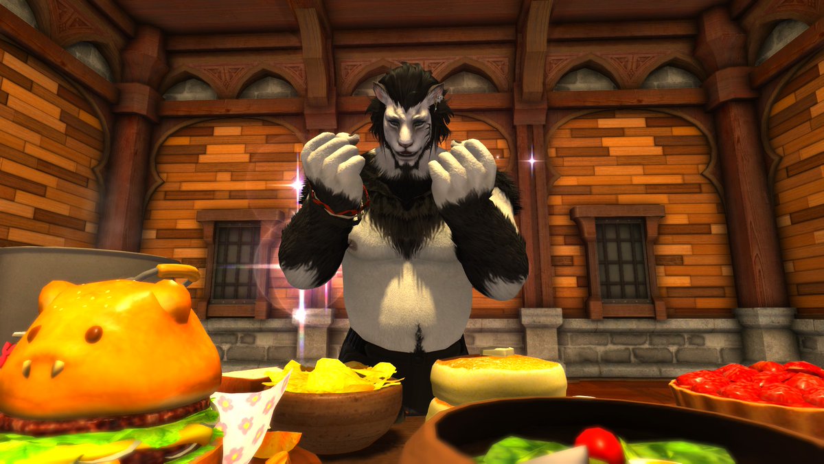 FluffWuffJohnny's tweet photo. When you put a bunch of tasty food in front of this hrothgar, you can be sure that he's gonna devour every last bite. Poor guy looks like he's going to need lots of belly rubs! Any volunteers? https://t.co/97hTVcMmI6