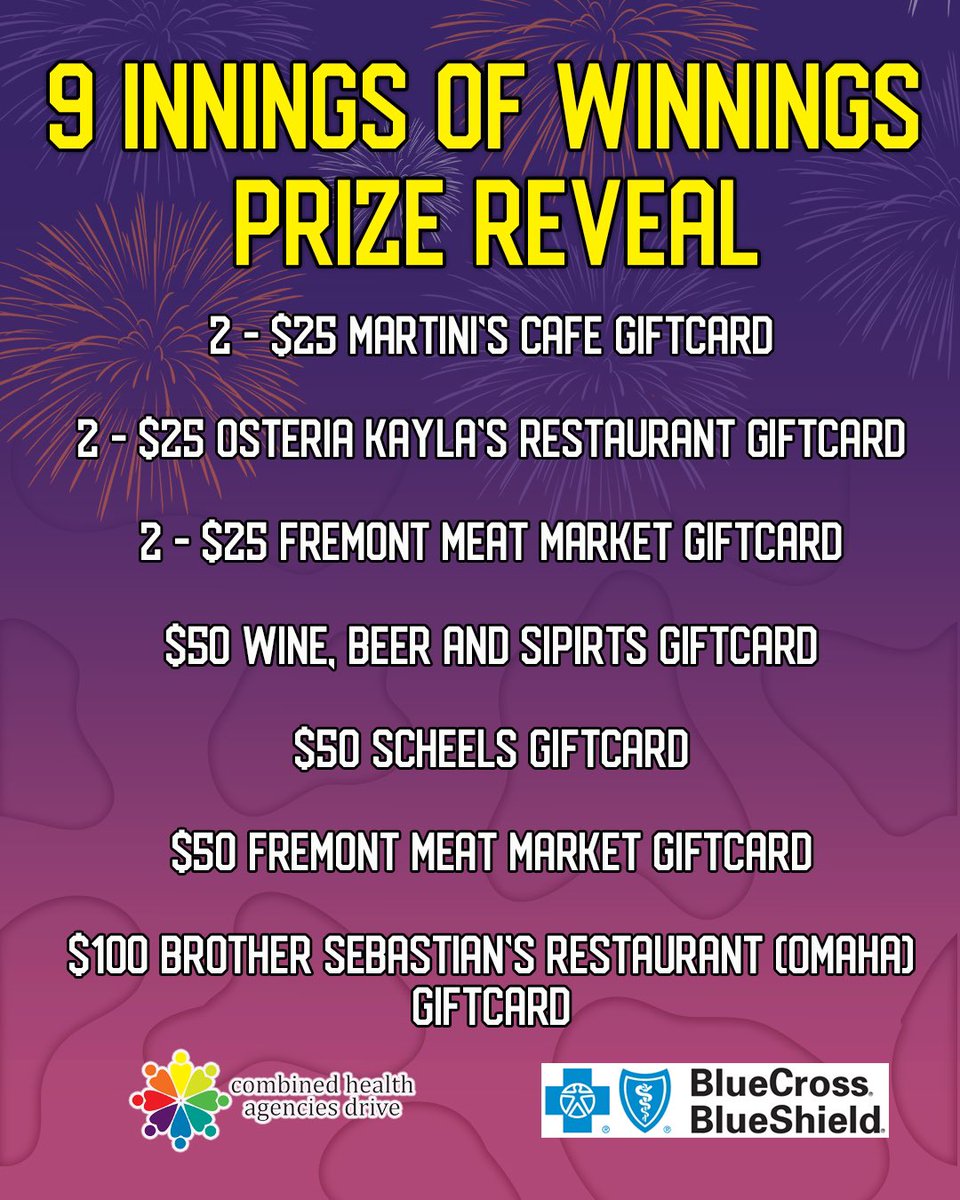 9 Innings of Winnings  Tomorrow July 10th - Prize Reveal 🥳🎉

Check out some of the awesome prizes up for grabs — all raffle proceeds benefit Combined Health Agency Drives (CHAD) Nebraska. 

Come to the Pregame Tailgate from 6 PM - 7 PM to get a FREE Moo Meal presented by Blue