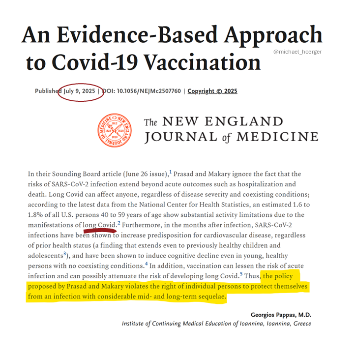 michael_hoerger's tweet image. Today in the New England Journal.🔥🔥🔥

On #LongCOVID: "the policy proposed by Prasad and Makary violates the right of individual persons to protect themselves from an infection with considerable mid- and long-term sequelae."