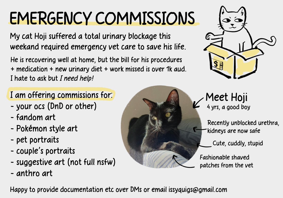 thelongestwalk's tweet image. Unfortunately I have to open rush emergency comms to raise money for my cat, Hoji. Times are tough but if you are looking for art, I’ve got you covered. Caard below 👍