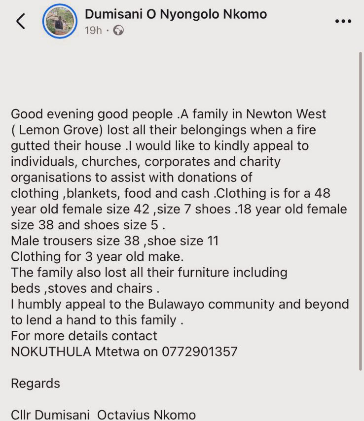 A family in Newton West lost all their belongings when a fire gutted their house. Do help with the basics listed below. Repost can also go a long way. Contact number is attached. #Bulawayo