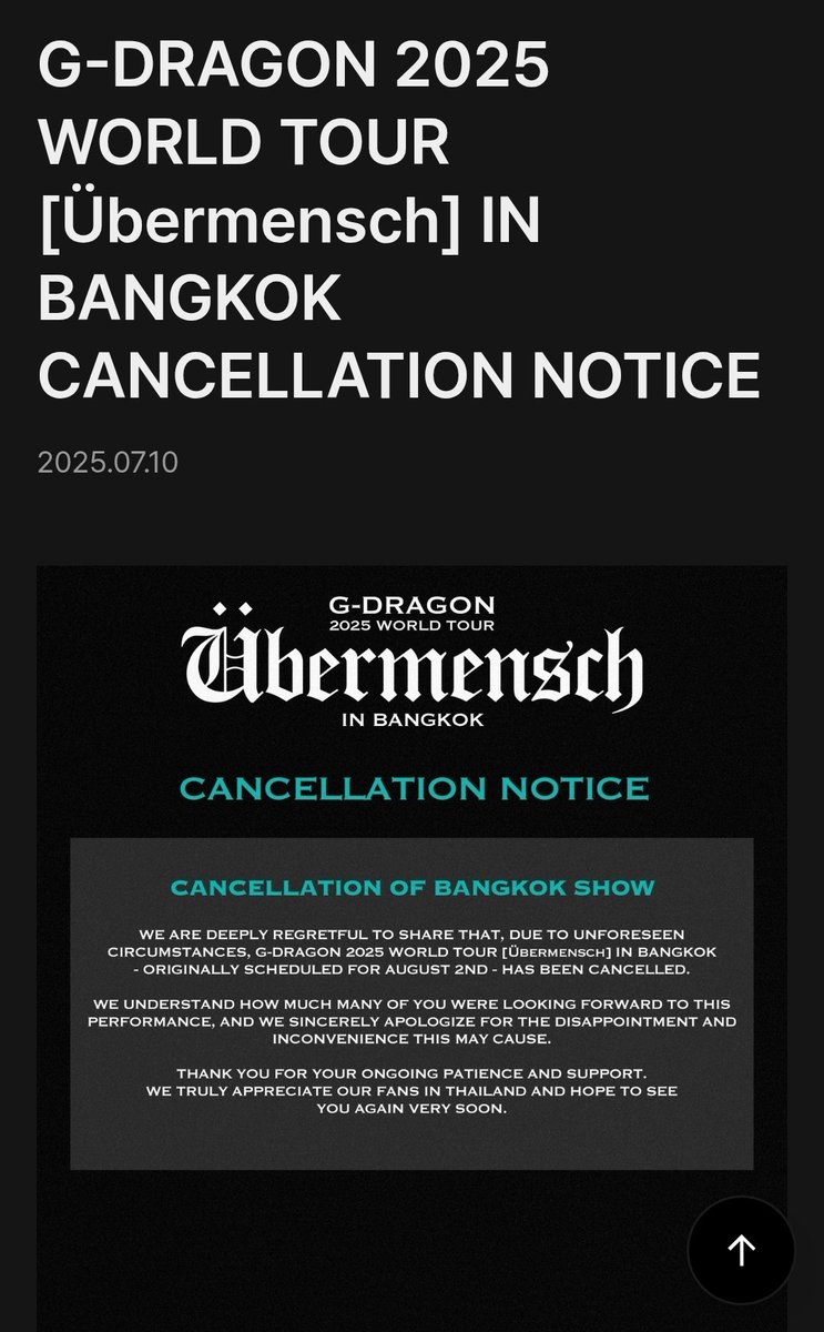 G-Dragon Übermensch in Bangkok  ประกาศยกเลิกอย่างเป็นทางการ 😭😭😭 "หวังว่าจะได้พบกันอีกครั้งในเร็วๆ นี้"