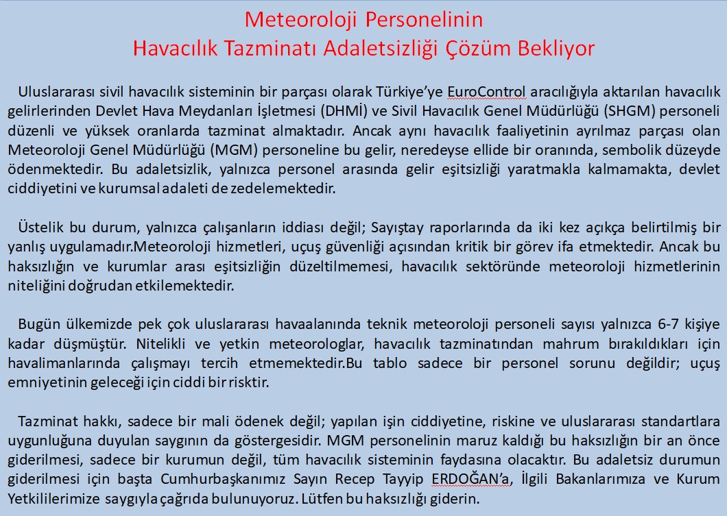 <a href="/AirportHaber/">AirportHaber</a> DHMİ personeli bayram ederken, meteoroloji personelinin canı çok sıkkın, bu tazminatı zaten 50 de 1 alıyorduk şimdi kaç oldu kim bilir. belli ki bizim paraları da onlar eziyor.bize verilmeyeni, bizim için istenmeyeni onlar çatır çatır yiyor.yöneticilerimiz utansın ne diyelim.