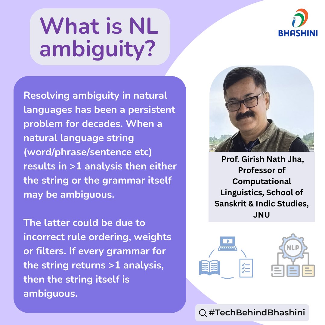 One sentence. Many meanings.
 
That’s Natural Language Ambiguity—when words or phrases can be interpreted in more than one way. Machines need to decide the right one to make accurate translations.

 🔍 Learn more from Prof. Girish Nath Jha in hashtag#TechBehindBHASHINI.

#NLP