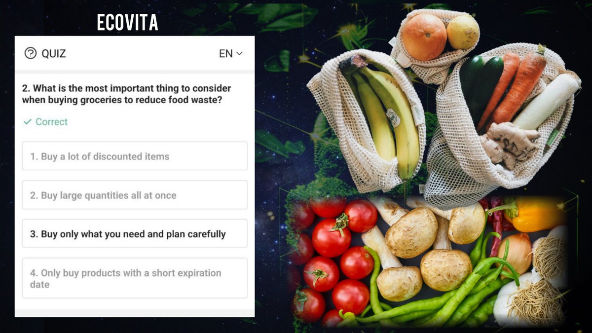 Did you get all the answers right on today’s quiz about reducing food waste and consumption? 🌍💡
Caring for the environment is always within reach — anyone can take action.
Join the movement with ECOVITA! ♻️🌿

#ECOVITA #FoodWaste #Sustainability #EcoFriendly #DailyQuiz
