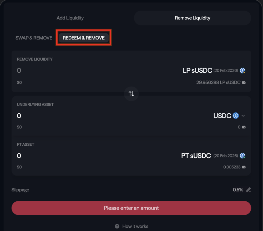 NemoEugene's tweet image. Redeem &amp;amp; Remove 🔄

Now you can remove your LP without slippage — split into PT + underlying asset.

✨ Hold your PT till maturity for risk-free fixed yield 💸
Dive in now!🔶🔷🔷🔶🔷
#NemoProtocol #CryptoMeme #DeFi