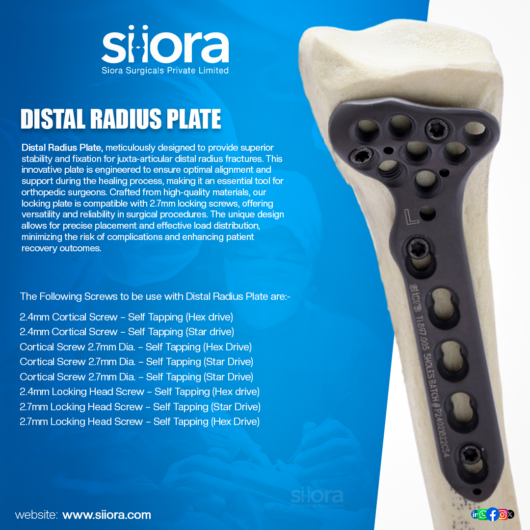 siorasurgicals's tweet image. Siora Surgicals’ Distal Radius Plate offers dependable fixation for distal radius fractures with its anatomically contoured design and low-profile fit.
siiora.com/product/lockin…
#DistalRadiusPlate #LockingPlates #CompressionPlates #OrthopedicImplants  #SioraSurgicals