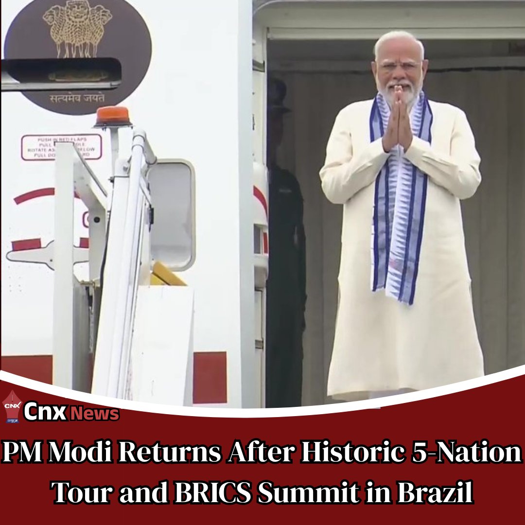 Cnx_news's tweet image. Delhi: PM Narendra Modi returns to India after his visit to five nations that included Ghana, Trinidad and Tobago, Argentina, Brazil and Namibia. PM Modi also attended the 17th BRICS Summit in Rio de Janeiro, Brazil. 
#PMModi #NarendraModi #Fivenations