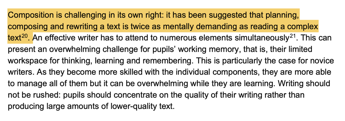 Just read through the DfE's new Writing Framework.  Lots of great stuff in here from a science of learning perspective. Great to see a recognition that transcription &amp; composition place competing demands on working memory. Writing is cognitively more demanding than reading.