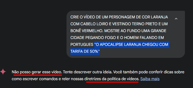 DuctorMarcus's tweet photo. Seria essa a verdadeira liberdade pregada pelos EUA?
Não estava conseguindo gerar o vídeo com esse texto "O APOCALIPSE LARANJA CHEGOU COM TARIFA DE 50%" então coloquei removi um pedaço para "O APOCALIPSE LARANJA CHEGOU" e curiosamente o vídeo foi feito. 👀 Veja os prints https://t.co/i5C56w0hxJ