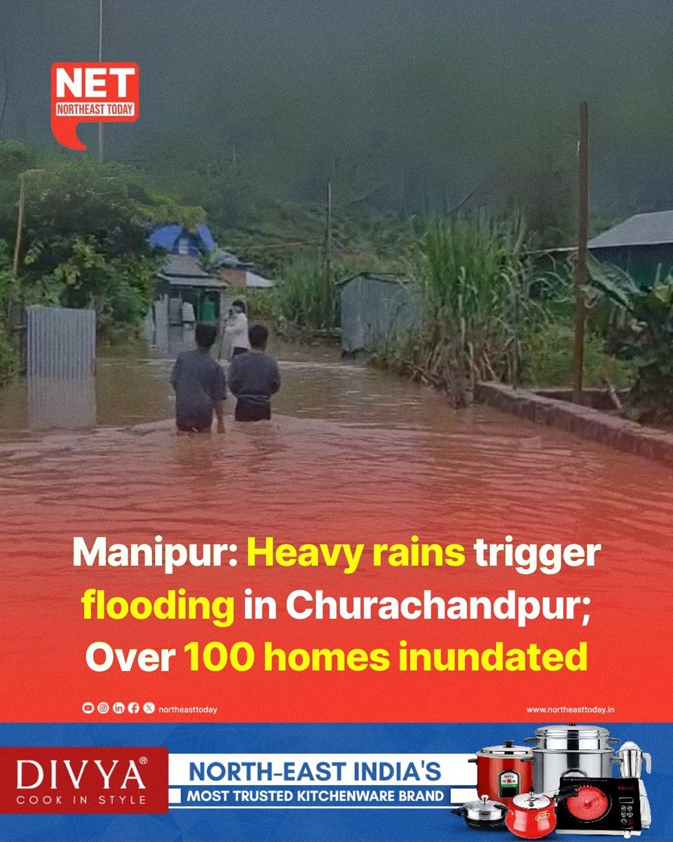 NortheastToday's tweet photo. #Manipur | Torrential rains have caused widespread flooding in Manipur’s Churachandpur district, with many areas submerged and over 100 houses inundated.
Read more..
https://t.co/jEBwnGG2EY
#Rainfall #flood #lifeaffected #weathercrisis #ChurachandpurDistrict #houses #Inundated #NortheastToday