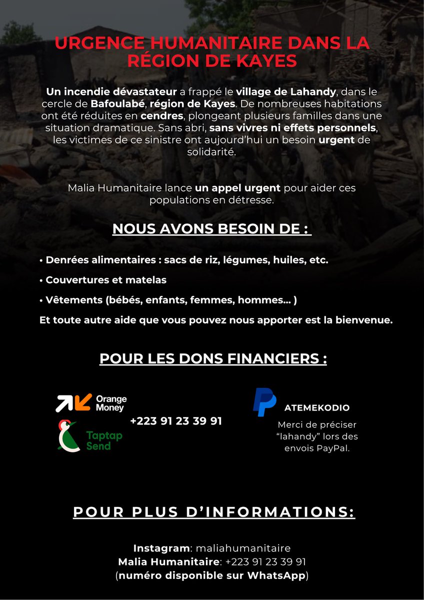 maliahumani's tweet photo. 🚨🇲🇱 URGENT: Un incendie est survenu à Lahandy (cercle de Bafoulabé, Kayes).

De nombreuses familles sont sinistrées, sans abri ni vivres.
Un appel à la solidarité est lancé.

PAYPAL: atemekodio
OM/TaptapSend: +223 91 23 39 91 https://t.co/9BBMUeDhOw