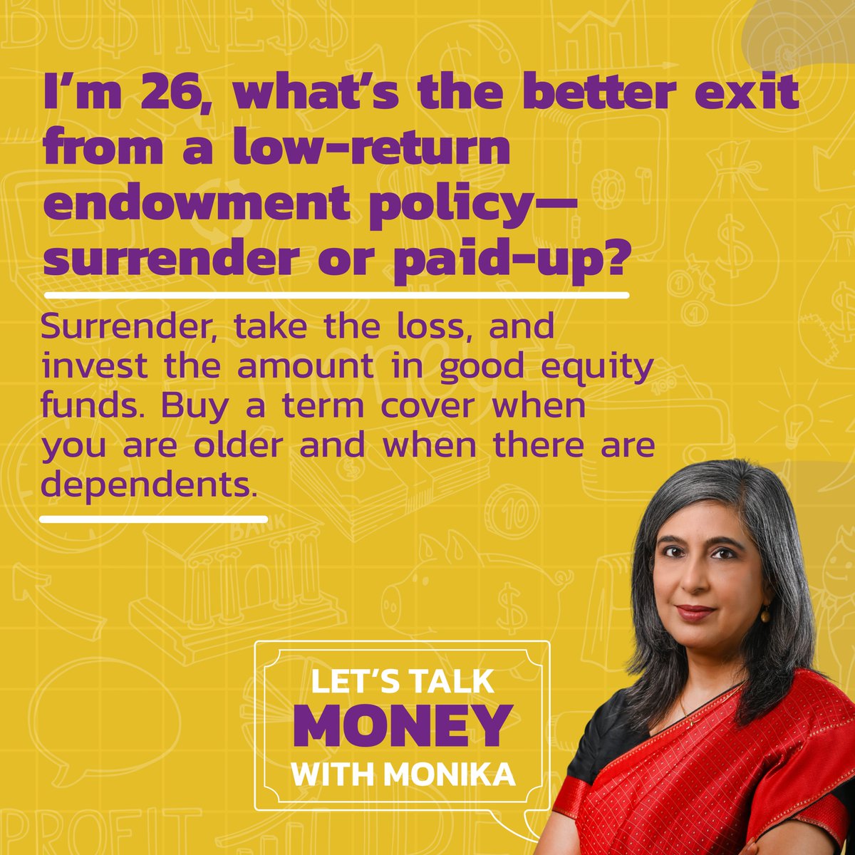 Monika Halan 🇮🇳 (@monikahalan) on Twitter photo Arvind Ram from Bangalore wants to know if he should exit his endomwnet policy. He is all of 26 and already trapped in a low return, low cover product.
Listen to episode 75 of #LetsTalkMoneywithMonikaHalan for the full answer and reason.
Listen on <a href="/spotifyindia/">Spotify India</a> or elsewhere Arvind Ram from Bangalore wants to know if he should exit his endomwnet policy. He is all of 26 and already trapped in a low return, low cover product.
Listen to episode 75 of #LetsTalkMoneywithMonikaHalan for the full answer and reason.
Listen on <a href="/spotifyindia/">Spotify India</a> or elsewhere
