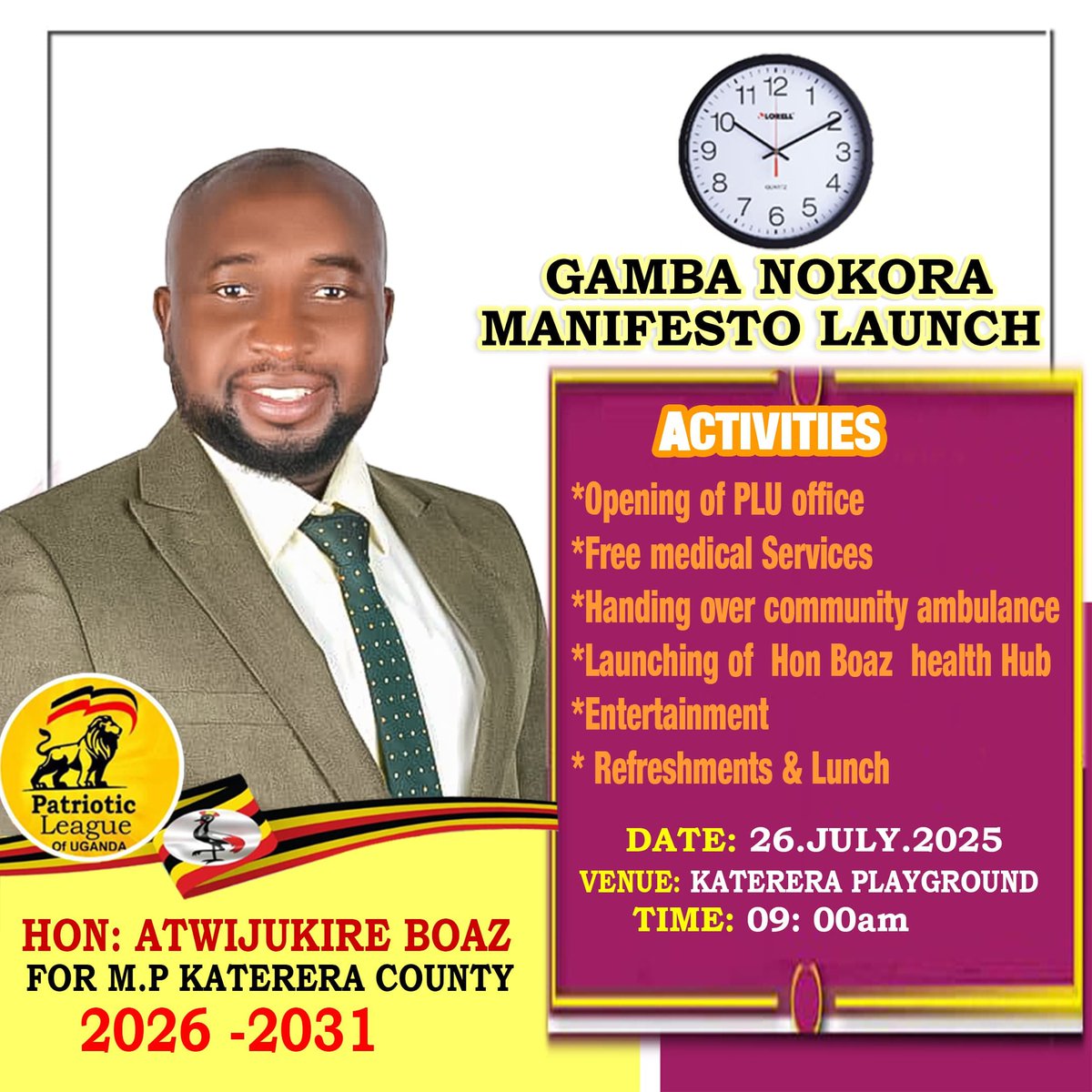VKaterera's tweet image. #update.Hon Atwijukire Boaz is inviting all people of katerera county for his Gamba Nokora Manifesto launch on 26th.July.2025 at katerera play ground. There will be a team of medical experts that will be giving service to people on the same day.
@Plumedia1
@Rubirizimag