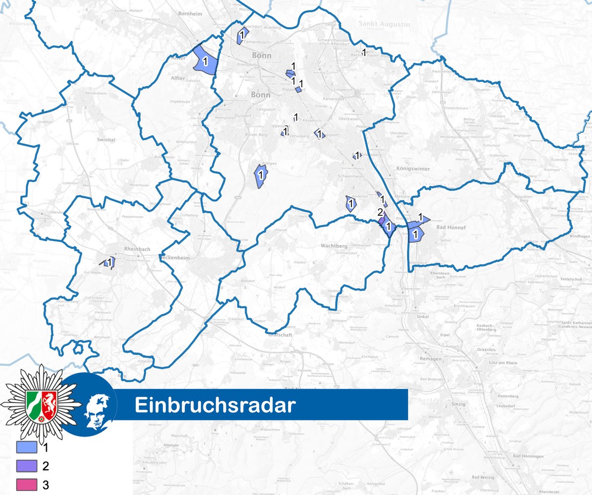 Aktueller Wohnungseinbruchsradar

Zur Kartenübersicht: 🌐bonn.polizei.nrw/artikel/aktuel… 

Allgemeine Präventionstipps zum Schutz vor Einbrüchen finden Sie hier: url.nrw/Einbruchschutz… 

Ihre Polizei Bonn