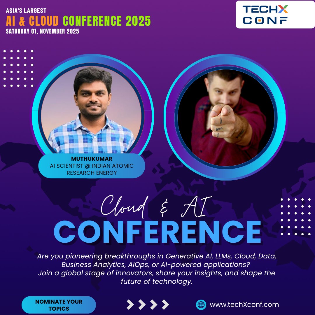 Inviting speakers for TechXConf 2025, Asia’s largest AI and Cloud conference, happening on November 1st, 2025, at the Chennai Trade Center, India.

TechXConf is a global phenomenon that brings together visionary leaders, pioneering technologies, and a techxconf.com
