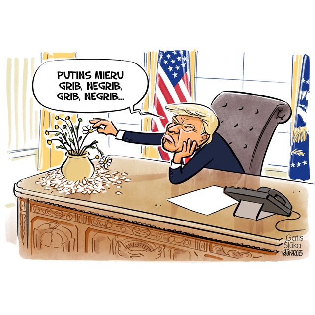 KarikaturaLv's tweet image. Atbildot uz žurnālistu jautājumiem, ASV prezidents Donalds Tramps otrdien paziņoja, ka viņam ir apnikusi Krievijas prezidenta Vladimira Putina muļķību runāšana un ka viņš ļoti nopietni apsverot iespēju atbalstīt sankciju likumprojektu. @lasilvportals