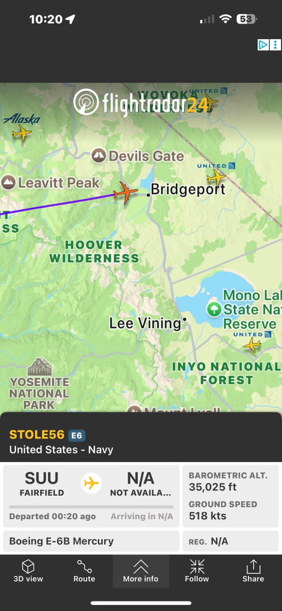 BillGertz's tweet image. Navy E-6B Mercury airborne command post and communications relay aircraft heading east over Nevada now. STOLE56. These jets are used to communicate with strategic ballistic missile subs